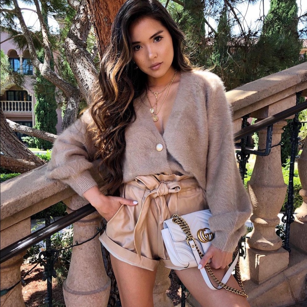 Princess Polly faux leather beige paperbag shorts US 2